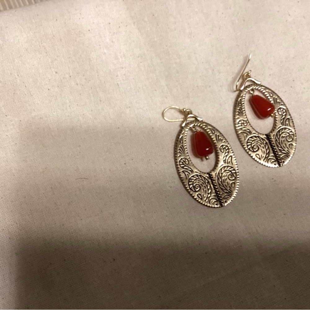 Silver Filigree Drop Earrings with Red Stone Accent